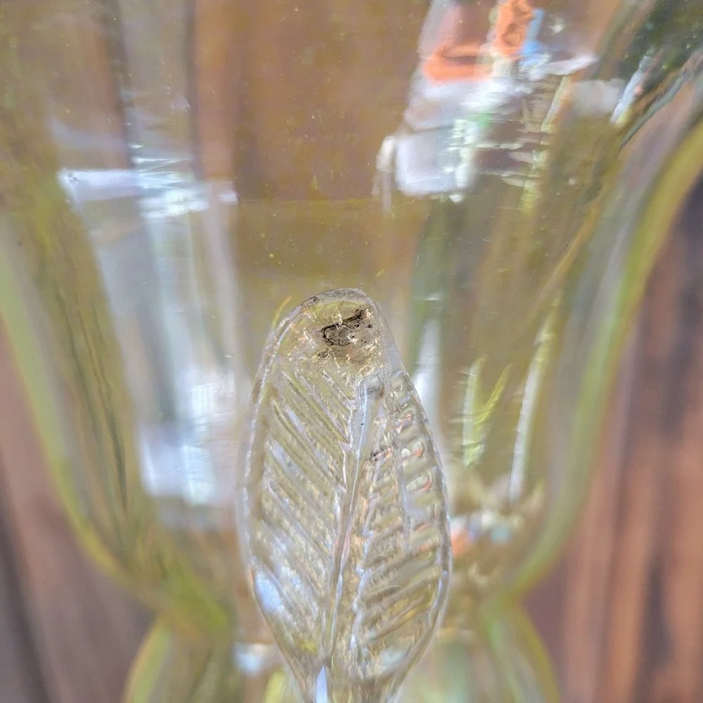 Vintage Yellow Blown Glass Trophy‎ Vase MCM Clear Leaf Handles 6.75in Art Glass